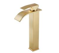 Lavabo nórdico cepillado caliente y frío Cascada dorada Mostrador de baño Grifo de un solo orificio, modelo alto de oro cepillado