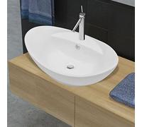 Lavabo Ovalado de Cerámica Blanco, con Rebosadero y Orificio para Grifería, Diseño Elegante para Baño Moderno, Instalación Sobre Encimera, 585x390x210 mm
