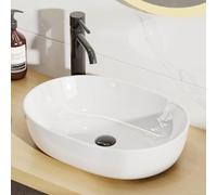 Lavabo Ovale Blanco Sobre Encimera de Cerámica - Para Baño y Aseo de Invitados - Con Efecto Loto - Lavamanos Moderno - 590 × 410 × 145 mm - Sin Agujero para Grifo