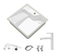 Lavabo Pequeño, Cerámica, con Tabla de Lavar Integrada, Lavabo de Baño Bajo Encimera, Fregaderos con Grifo y Desagüe, para Baños y Balcones