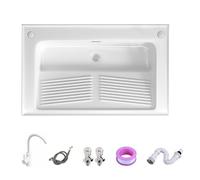 Lavabo Pequeño con Tabla de Lavar, de Cerámica, con Grifo y Desagüe, Fregadero para Lavadero o Balcón(335x490x250mm)