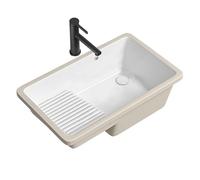 Lavabo Pequeño con Tabla de Lavar, de Cerámica, de Montaje Bajo Encimera, con Grifo y Kit de Desagüe, para Mueble de Baño o Lavadero(Black,685 * 410 * 220mm)