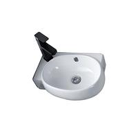 Lavabo pequeño para baño, lavabo de pared de cerámica blanca, lavabo artístico, lavabo de baño con grifo de agua fría y caliente y desagüe combinado para baños pequeños, guardarropas pequeños. (Color: