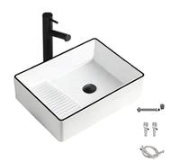 Lavabo Sobre Encimera con Tabla de Lavar, de Cerámica, con Grifo y Desagüe, Fregadero para Tocador o Lavadero