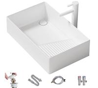 Lavabo Sobre Encimera con Tabla de Lavar, Material Cerámico, Grifo Extraíble, Lavabo Baño para Aseos, Balcones(480x330x125mm)