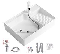 Lavabo Sobre Encimera de Cerámica con Tabla de Lavar, Grifo Extraíble, Fregadero con Kit de Desagüe, para Baños Balcón