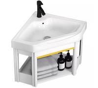 Lavabo Sobre Encimera de Cerámica Esquinero con Desagüe y Kit de Instalación, Mueble de Baño Triangular de Pared con Estante Abierto para Casa, Dormitorio y Garaje(38x38x40cm/15x15x16in)