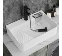 Lavabo Sobre Encimera, Lavabos Pequeños Fregadero para Baño con Tabla de Lavar, Grifo y Jabonera, Cerámica Moderna para Lavadero, Balcón, Baño(60x46x15cm/23.6x18.1x5.9in)