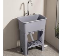 Lavabo utilitario, cuenta con un grifo y drenaje de un solo toque, para lavadero, sótano, garaje o tienda (grande)