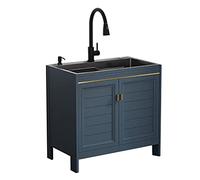 Lavabo Utilitario Negro Con Mueble, Estación De Lavado De Manos Independiente De Acero Inoxidable Para Lavandería, Garaje, Sótano, Taller Y Cocina, Tamaño De 6", C-75*45*75Cm/29.5*17.7*29.5In