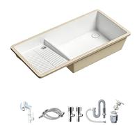 Lavadero de Cerámica Bajo Encimera con Grifo Extraíble y Tabla de Lavar, Lavabo de Baño Bajo Encimera Fregadero Multifuncional para Lavadero, Balcón y Baño(73x42cm/29x16.5in)