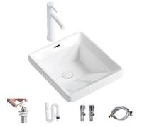 Lavadero Pila Exterior con Tabla de Lavar, Lavabo Baño de Cerámica, con Grifo Extraíble y Kit de Desagüe, para Lavaderos en Balcones(340x460x220mm)