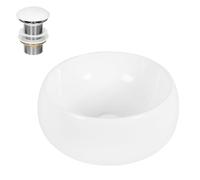 ECD Germany Lavabo de Baño Ø 400 x 350 mm Lavadero de Encimera Material Cerámico con Juego de Drenaje Blanco Redondo Fregadero de Aseo Cascada Estilo Moderno Lavamanos Sobremesa sin Rebosadero