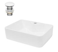 ECD Germany Lavabo de Baño 480x380x140mm Lavadero de Encimera Material Cerámico con Juego de Drenaje Blanco Redondo Fregadero de Aseo Cascada Estilo Moderno y Elegante Sanitario Lavamanos Sobremesa