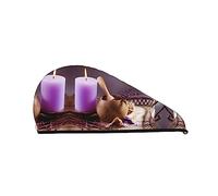 Lavanda púrpura con velas Toalla de secado de cabello impresa Secado rápido Gorro de cabello seco de terciopelo de coral absorbente con botón fijo para secar cabello largo y grueso