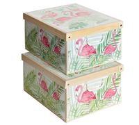 Lavatelli SET 2 Cajas organizadoras de almacenamiento ropa, almacenaje decorativas en carton, 39x50x24cm, para armario, baul, bolsas, ropa, juguetes, jardineria, con tapa, FLAMENCOS