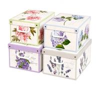 Lavatelli Set 4 Cajas Almacenaje Cartón con Tapa Flores 25x35x17,5 cm | Cartón rígido con tapa y asas troqueladas, montaje en segundos, plegable y apilable - Fabricado en Italia