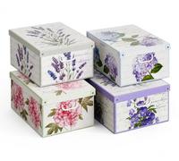 Lavatelli Set 4 Cajas Almacenaje Cartón con Tapa Flores 32x42x17,5 cm | Cartón rígido con tapa y asas troqueladas, montaje en segundos, plegable y apilable - Fabricado en Italia