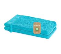Lavea® 2 Guantes de Baño 16 x 22 cm cm in Rizo de Algodón Orgánico 100% Suaves y Absorbentes, para Casa, Hotel y SPA - Manopla de Baño con Colgador - Turquesa