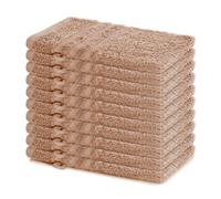 Lavea® Juego de 10 Guantes de Baño 15x21 cm de Rizo 100% Algodón - Suaves y Absorbentes - Manopla de Baño con Gancho para Casa, Hotel y SPA - Capuchino