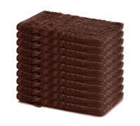 Lavea® Juego de 10 Guantes de Baño 15x21 cm de Rizo 100% Algodón - Suaves y Absorbentes - Manopla de Baño con Gancho para Casa, Hotel y SPA - Marrón Café