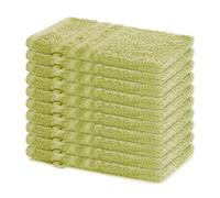 Lavea® Juego de 10 Guantes de Baño 15x21 cm de Rizo 100% Algodón - Suaves y Absorbentes - Manopla de Baño con Gancho para Casa, Hotel y SPA - Verde Tilo