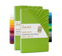 Lavea® Juego de 2 Sábanas Bajeras Ajustables 200x220 cm - Colchones Altos hasta 40 cm, para Camas Boxspring y de Agua, 100% Algodón, con Elástico, Verde Manzana