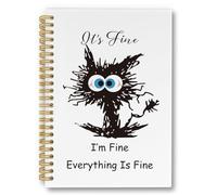 laveliabel It's Fine I'm Fine Everything Is Fine - Cuaderno de espiral divertido con diseño de gato negro, regalos sarcásticos para compañeros de trabajo, cuaderno de espiral rayado universitario para