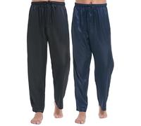 Lavenderi Pantalones de pijama de satén para hombre, pantalones largos de pijama con cordón, Negro + azul marino, 2 unidades, Large