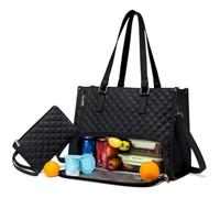 Lavenra All in One Tote Bag, 2 in 1 Tote Bag Lunch Bag Combo,with Insulated Compartment and Purse, 15.6 Inch ToteBag (Black)