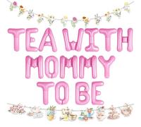 LaVenty Cartel vintage de té con texto en inglés "Tea with Mom to Be", cartel de fiesta de té para té de la tarde, baby shower, anuncio de embarazo, revelación de género, suministros de decoración