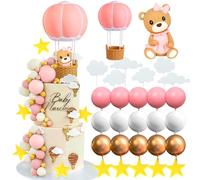 LaVenty decoracion y tarta de osito rosa para babyshower con globos de aire caliente