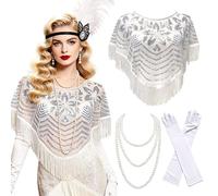 LaVenty moda femenina años veinte pailetes guantes de seda collares de perlas flecos capas chales accesorios para las noches de harlem