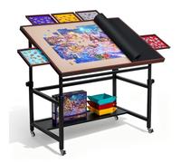 LAVIEVERT Mesa de rompecabezas inclinable de 1500 piezas con 5 cajones de colores y cubierta, tablero de rompecabezas ajustable en ángulo y altura con estante de almacenamiento, mesa de madera