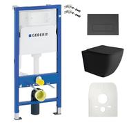 Lavita Conjunto de WC: elem. de pared Geberit Duofix Basic+WC de descarga profunda Lago negro sin reborde+asiento de WC placa de accionamiento negro Conjunto cisterna empotrada Conjunto completo de WC
