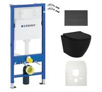 Lavita Duofix Basic Elemento de pared + Inodoro de descarga profunda Brava Negro Sin reborde + Asiento de inodoro con cierre automático + negro Juego completo Cisterna empotrada Inodoro WC