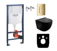 LAVITA | Elemento de pared Solido + pared colgante de inodoro Sinto negro sin borde + asiento de inodoro SoftClose | Botón dorado | Juego completo | cisterna empotrada | inodoro completo