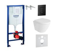 LAVITA Elemento de pared Solido + pared colgante Sogo blanco sin borde + asiento de inodoro con descenso automático, botón negro, juego completo, cisterna, inodoro completo