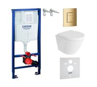 LAVITA Elemento de pared Solido + pared colgante Sogo blanco sin borde + asiento de inodoro con descenso automático, botón dorado, juego completo, cisterna, inodoro completo