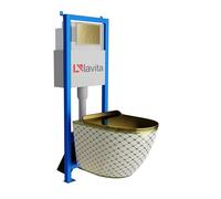 Lavita LAV 101 Elemento de pared para inodoro 40 cm + inodoro SOFI SLIM CHECKED dorado sin borde + placa de control LAV 200.4.5 oro | juego completo | cisterna empotrada