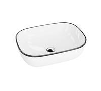 LAVITA Lavabo de encimera sin rebosadero y orificio para grifo, de porcelana, lavabo de baño, baño de cerámica, rectangular, 46 x 32,5 x 13,5 cm, color blanco/negro Costa Black Line