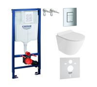 lavita SOGO Slim - Inodoro de pared para colgar en la pared, sin bordes, incluye asiento de inodoro con descenso automático, botón cromado, juego completo de cisterna, inodoro completo