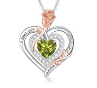 LAVUMO Collar Mujer Plata 925 Doble Corazón Rosa Flor Cadena Piedra Natal Collares Día de la Madre Cumpleaños San Valentín Navidad Joyas Regalos para Mujeres Novia (Plata-Grabado-08-Ago)