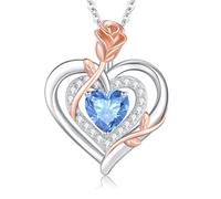 LAVUMO Collar Mujer Plata 925 Doble Corazón Rosa Flor Cadena Piedra Natal Collares Día de la Madre Cumpleaños San Valentín Navidad Joyas Regalos para Mujeres Mamá Novia