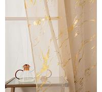 Lavyhuno Cortinas traslúcidas beige con estampado de mármol dorado de 96 pulgadas de largo, con bolsillo para cortinero, paneles de ventana con purpurina metálica brillante para sala de estar,