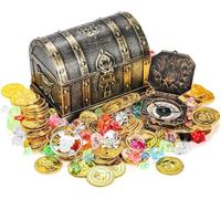 Lawei 207 cajas de juguetes para niños, color antiguo con 100 piedras preciosas de colores, 100 monedas de oro, 4 pendientes, 2 anillos, 1 brújula para niños y niñas