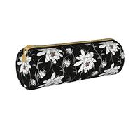 Lawenp Estuche de lápices cilíndrico de Cuero Estuche de lápices con patrón de Flores Blancas Bolsa de Almacenamiento de papelería portátil para la Escuela universitaria