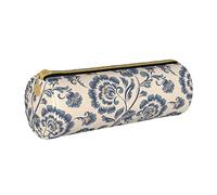 Lawenp Estuche de lápices cilíndrico de Cuero patrón de Flores de peonía Azul Bolsa de papelería de Oficina Duradera Organizador de Almacenamiento de Caja de papelería