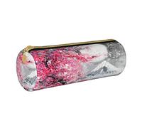 Lawenp Estuche De Lápices Cilíndrico De Cuero Pintura Al Óleo Paisaje De Flores De Cerezo Y Patrón De Montañas Bolsa De Papelería De Oficina Portátil Caja De Papelería Organizador De Almacenamiento