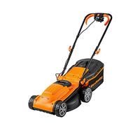 LawnMaster Cortacésped eléctrico 1400W 34cm, Cesta 32L, 300m² | Motor potente, 6 alturas centralizadas, función mulching, reno seguridad, manillar plegable, diseño compacto.